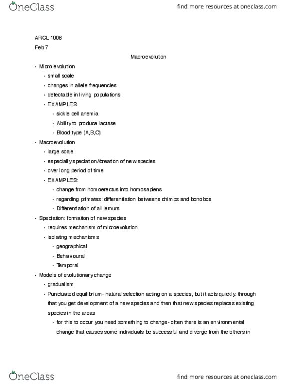 ARCL-1006EL Lecture Notes - Lecture 8: Punctuated Equilibrium, Sickle-Cell Disease, Reproductive Isolation thumbnail