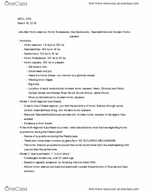 ARCL-1006EL Lecture Notes - Lecture 14: Jebel Irhoud, Klasies River Caves, Homo Erectus thumbnail