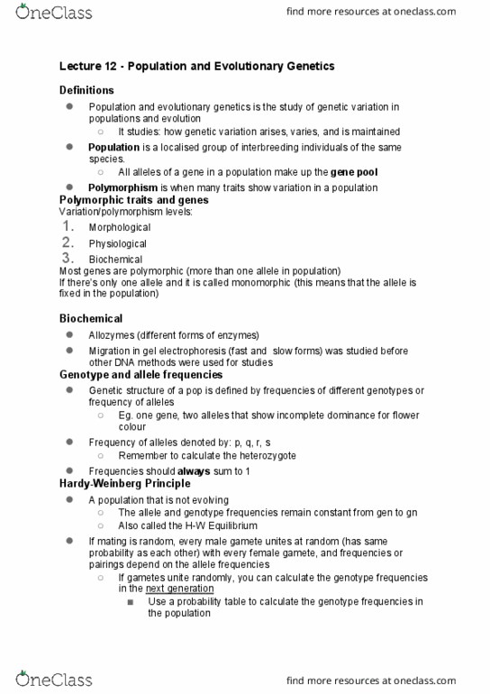 BIO1011 Lecture Notes - Lecture 12: Genotype Frequency, Allele Frequency, Panmixia thumbnail