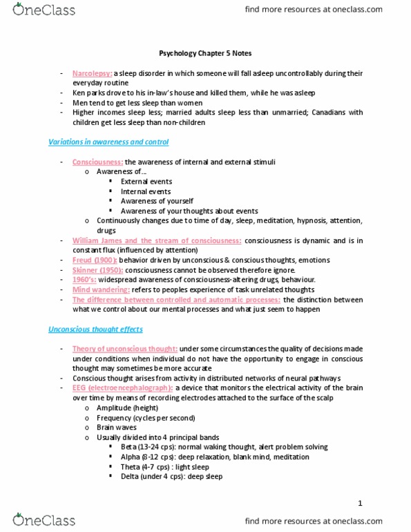 PSYC 1001 Chapter Notes - Chapter 5: Theta Wave, Delta Wave, Alpha Wave thumbnail