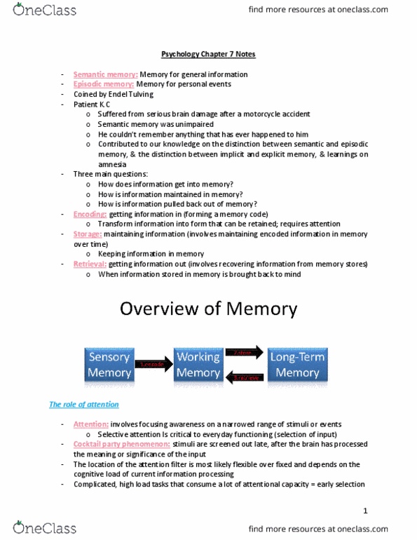PSYC 1001 Chapter Notes - Chapter 7: Episodic Memory, Cocktail Party, Implicit Memory thumbnail
