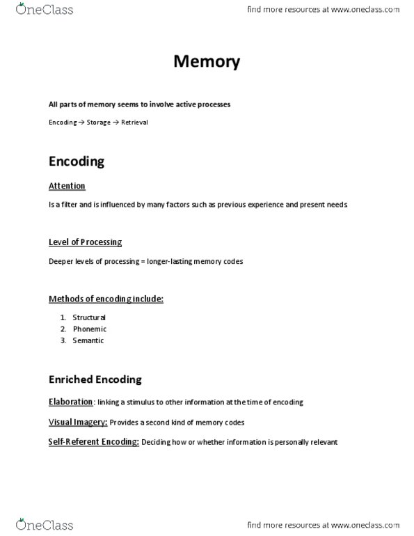PSYC 1010 Lecture Notes - Lecture 7: Sensory Memory, Sketchpad, Hypnosis thumbnail