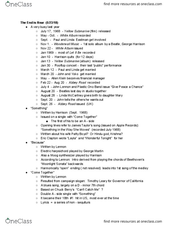 MUS 116 Lecture Notes - Lecture 24: Yellow Submarine (Film), Yellow Submarine (Album), Plastic Ono Band thumbnail