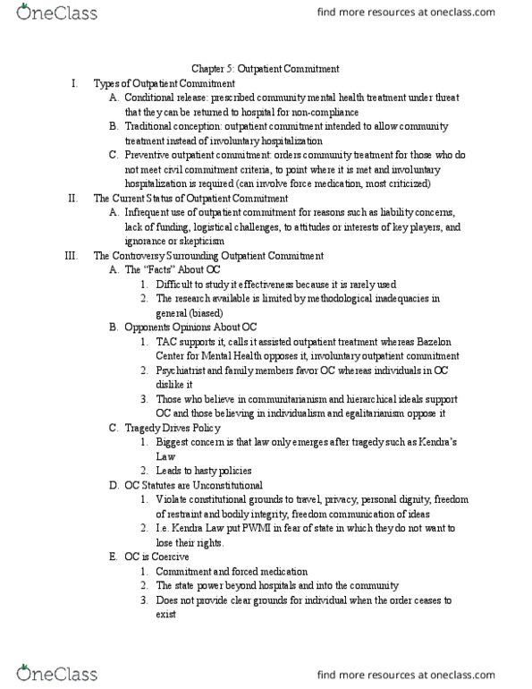CRM/LAW C100 Chapter Notes - Chapter 5: Outpatient Commitment, Involuntary Commitment, Communitarianism thumbnail