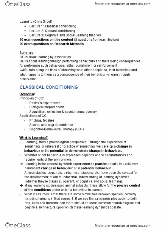 PSYC10003 Lecture Notes - Lecture 24: Classical Conditioning, Groot, Cognitive Architecture thumbnail