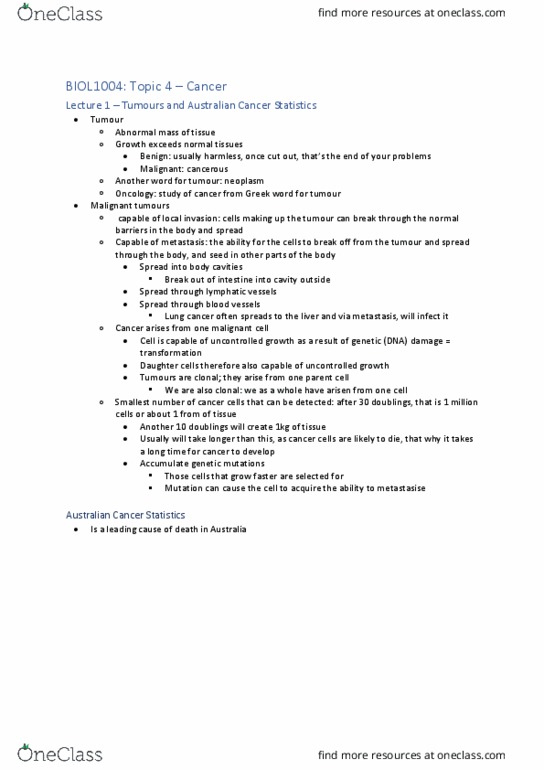 BIOL1004 Lecture Notes - Lecture 1: Lung Cancer, Metastasis, Malignancy thumbnail