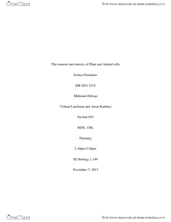 BIOL130L Lecture Notes - Lab Report, Plant Cell, Osmosis thumbnail