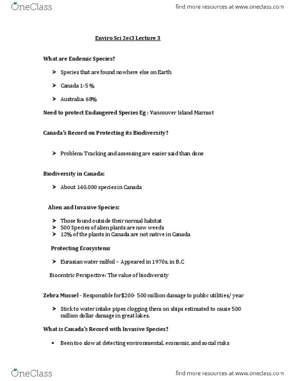 EARTHSC 2EI3 Lecture Notes - Lecture 3: Myriophyllum Spicatum, Vancouver Island Marmot, Zebra Mussel thumbnail