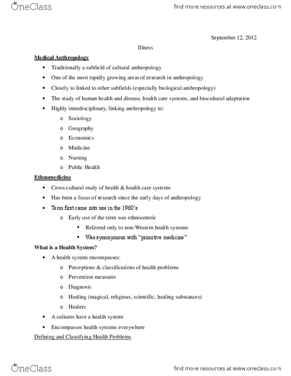 ANTHROP 1AA3 Lecture Notes - Medical Anthropology, Cultural Anthropology, Biological Anthropology thumbnail