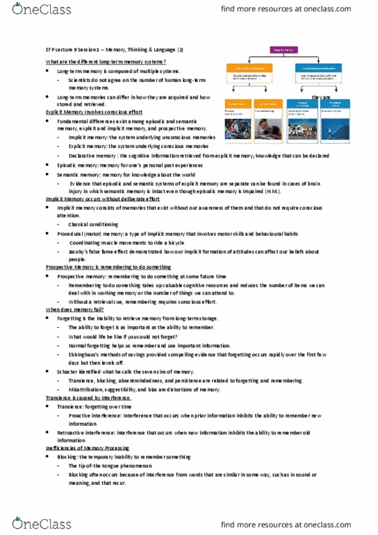 PSY1EFP Lecture Notes - Lecture 9: Anterograde Amnesia, Retrograde Amnesia, Implicit Memory thumbnail