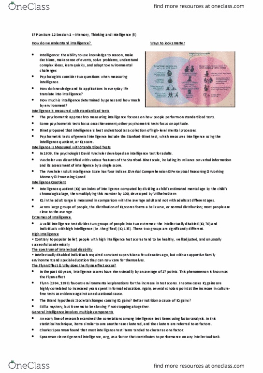 PSY1EFP Lecture Notes - Lecture 12: Wechsler Adult Intelligence Scale, David Wechsler, Flynn Effect thumbnail