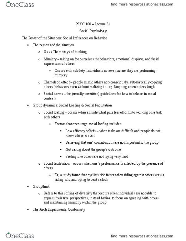 PSYC 100 Lecture Notes - Lecture 31: Social Loafing, Social Facilitation, Group Dynamics thumbnail