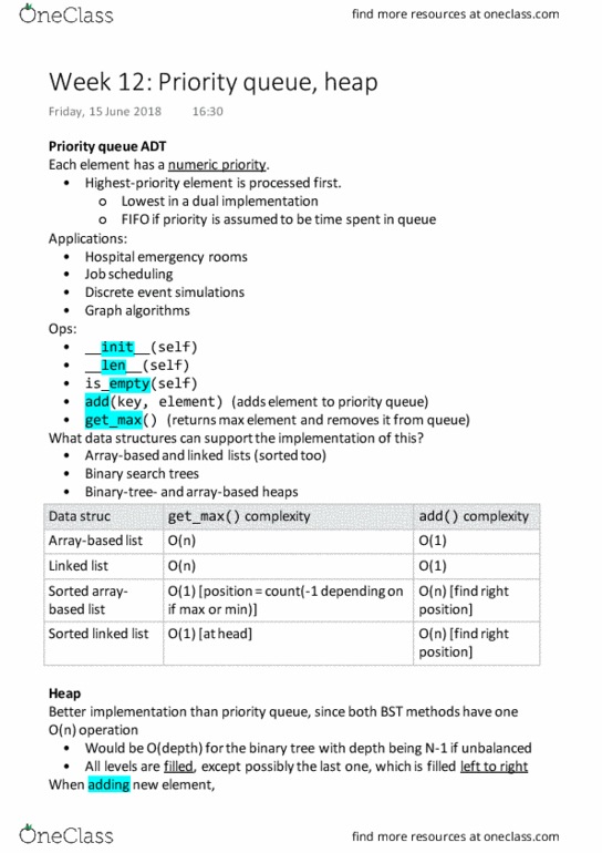 FIT1008 Lecture Notes - Lecture 12: Priority Queue, Job Scheduler, List Of Algorithms thumbnail