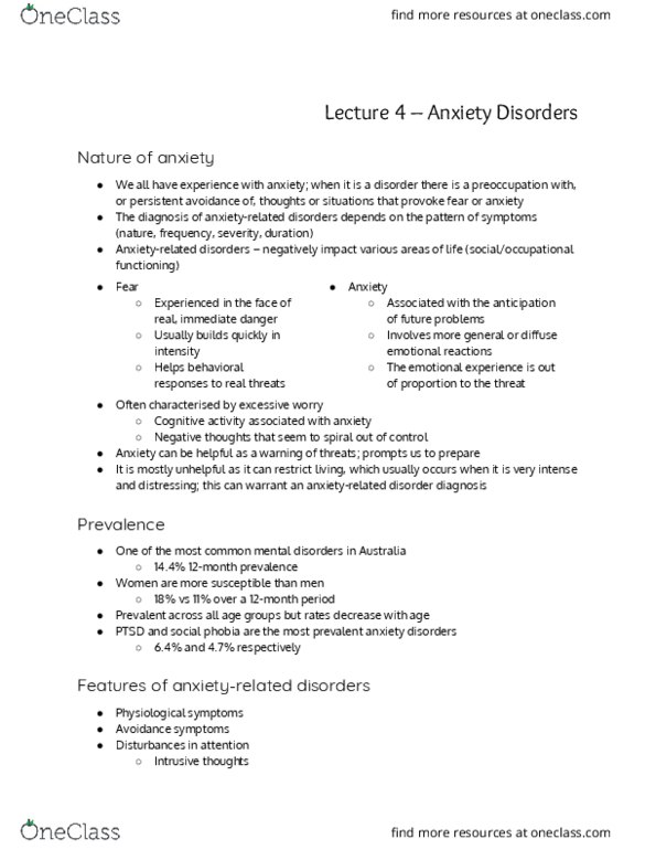 PSYC3102 Lecture Notes - Lecture 4: Anxiety Disorder, Intrusive Thought, Mental Disorder thumbnail