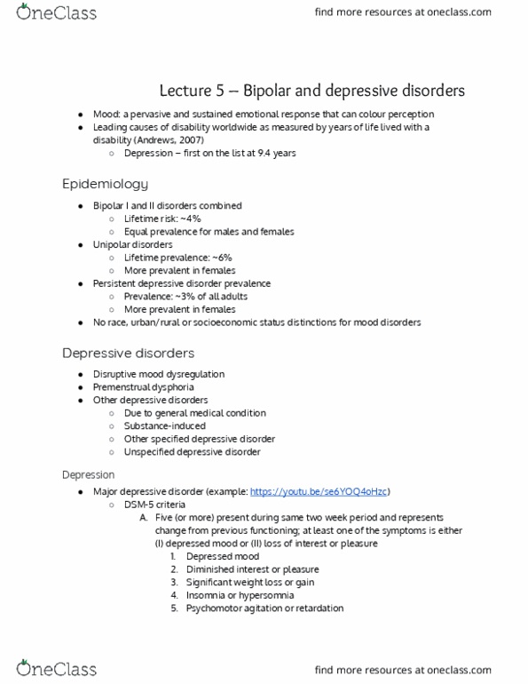 PSYC3102 Lecture Notes - Lecture 5: Major Depressive Disorder, Mood Swing, Psychomotor Agitation thumbnail
