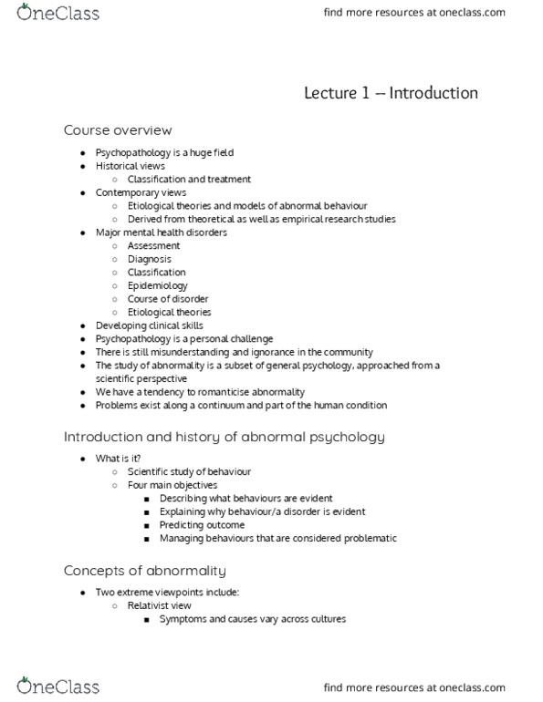 PSYC3102 Lecture Notes - Lecture 1: Abnormal Psychology, Psychopathology, Etiology thumbnail