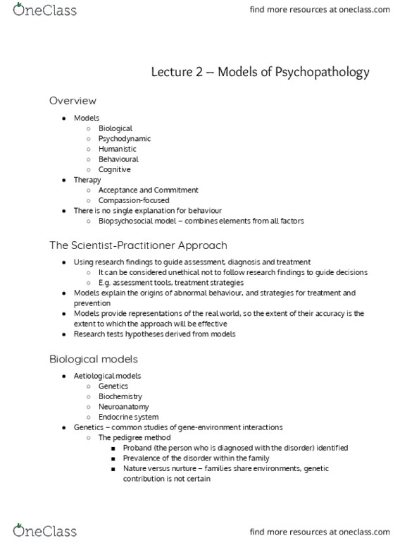 PSYC3102 Lecture Notes - Lecture 2: Biopsychosocial Model, Proband, Cognitive Therapy thumbnail