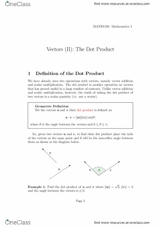 MATH1110 Lecture Notes - Lecture 8: Scalar Multiplication, Dot Product thumbnail