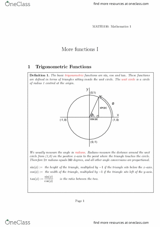 MATH1110 Lecture Notes - Lecture 1: Unit Circle, Pythagorean Theorem, Jet Fuel thumbnail