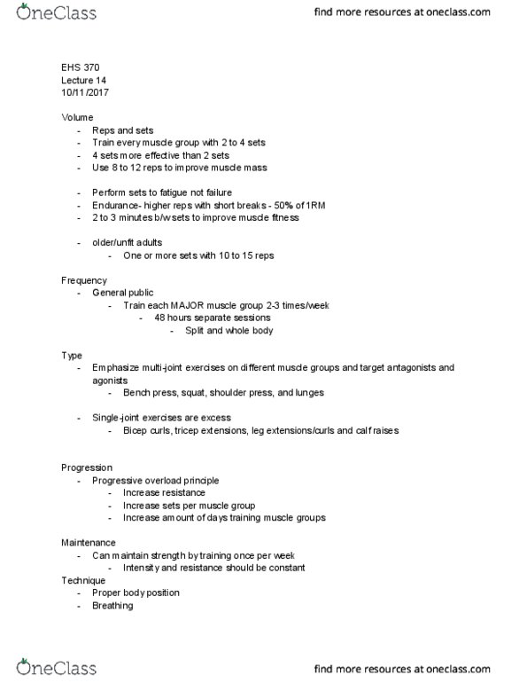 EHS 360 Lecture Notes - Lecture 15: Bench Press, Overhead Press, One-Repetition Maximum thumbnail