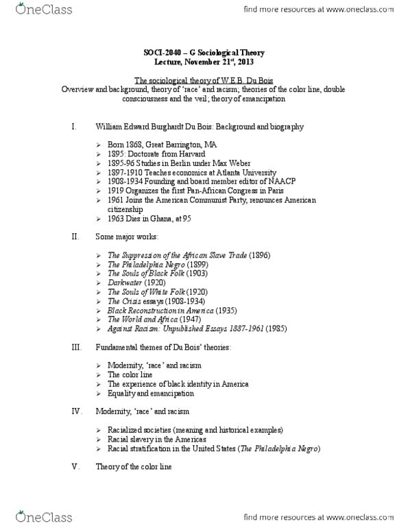 SOCI 2040 Lecture Notes - W. E. B. Du Bois, The Philadelphia Negro, Great Barrington, Massachusetts thumbnail