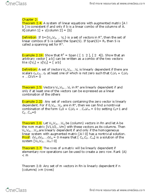 Mathematics 1600A/B Chapter Notes -Augmented Matrix, Linear Independence, Linear Combination thumbnail