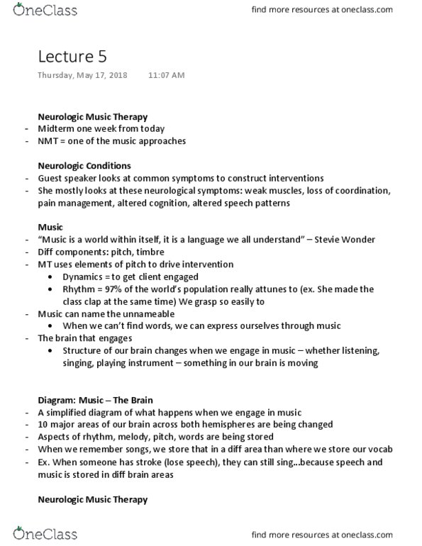 MUSIC 2MT3 Lecture Notes - Lecture 5: Stevie Wonder, Music Therapy, Pain Management thumbnail