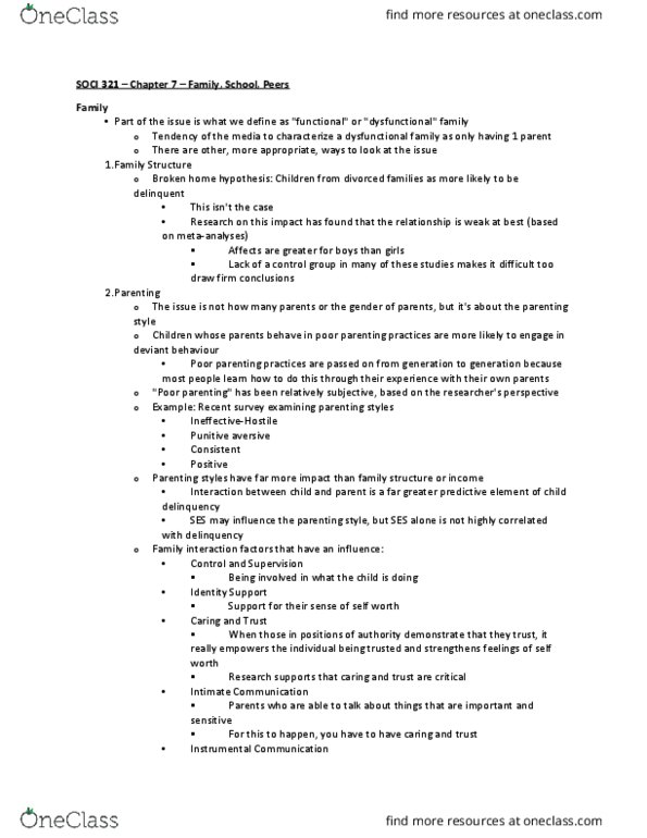 SOCI-321 Lecture Notes - Lecture 7: Juvenile Delinquency, Dysfunctional Family, Parenting Styles thumbnail