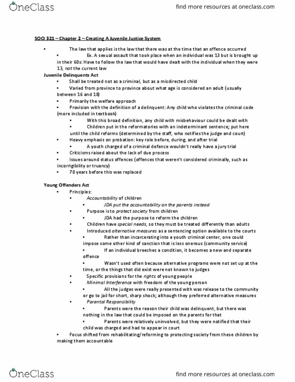 SOCI-321 Lecture Notes - Lecture 2: Youth Criminal Justice Act, Short, Sharp Shock, Young Offenders Act thumbnail