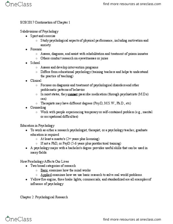 PSYC 110 Lecture Notes - Lecture 1: Master Of Social Work, Doctor Of Psychology, Educational Psychology thumbnail