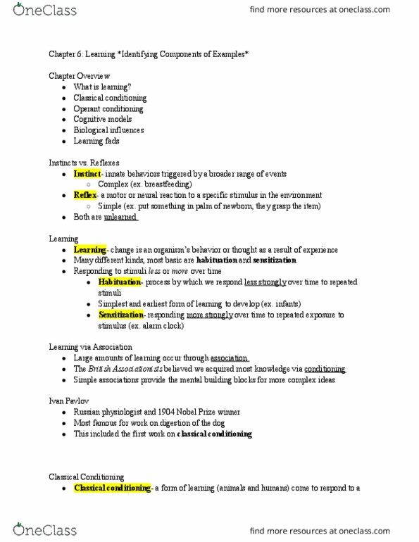 PSYC 110 Lecture Notes - Lecture 6: Classical Conditioning, Alarm Clock, Habituation thumbnail