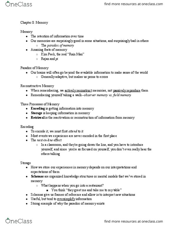 PSYC 110 Lecture Notes - Lecture 8: Kim Peek, Memory Span, Implicit Memory thumbnail