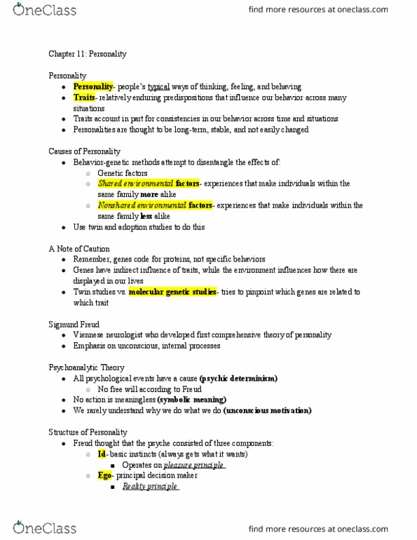 PSYC 110 Lecture Notes - Lecture 11: Sigmund Freud, Twin Study, Neurology thumbnail