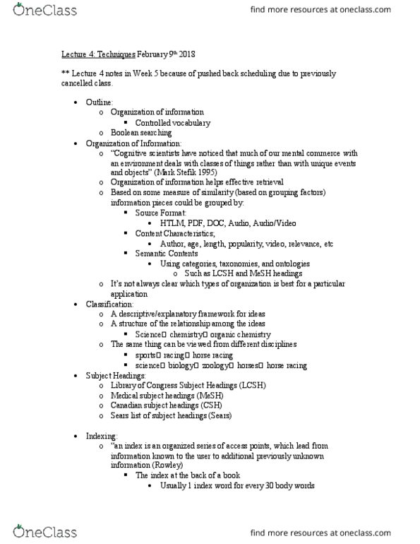 GLIS 691 Lecture Notes - Lecture 5: Library Of Congress Subject Headings, Controlled Vocabulary, Subject Indexing thumbnail