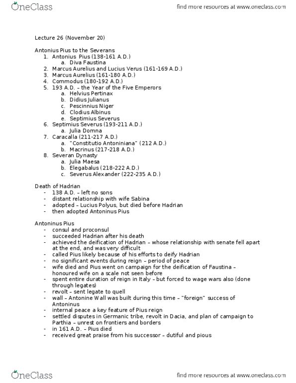 CLA231H1 Lecture Notes - Antoninus Pius, Clodius Albinus, Didius Julianus thumbnail