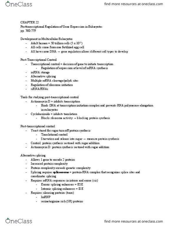 BIO SCI 98 Lecture Notes - Lecture 5: Dactinomycin, Alternative Splicing, Cycloheximide thumbnail
