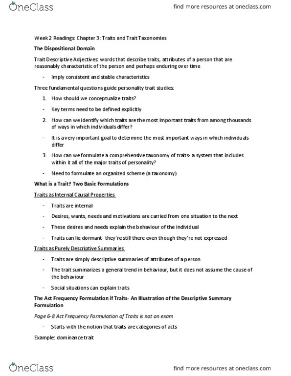 PSYC 2600 Chapter Notes - Chapter 3: Lexical Hypothesis, Trait Theory, Factor Analysis thumbnail