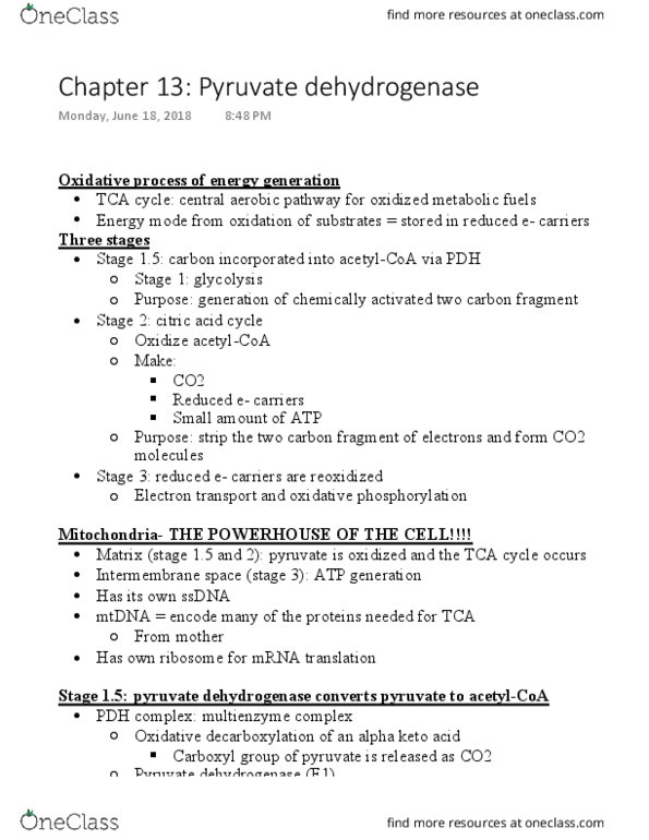 BCHM-3050 Lecture Notes - Lecture 11: Dihydrolipoamide Dehydrogenase, Pyruvate Dehydrogenase, Oxidative Decarboxylation thumbnail