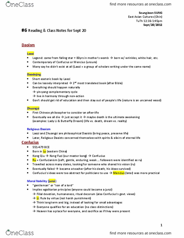 HISTORY 3EC3 Lecture Notes - Lecture 7: Confucius, Junzi, Taoism thumbnail