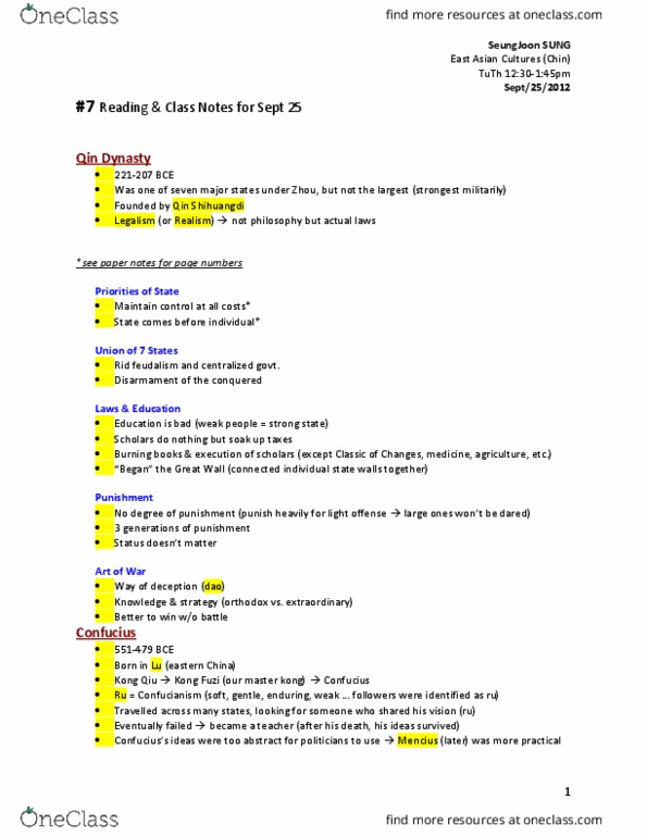 HISTORY 3EC3 Lecture Notes - Lecture 6: Qin Dynasty, Qin Shi Huang, Junzi thumbnail