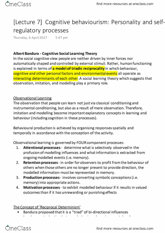 101679 Chapter Notes - Chapter 7: Albert Bandura, Social Learning Theory, Observational Learning thumbnail
