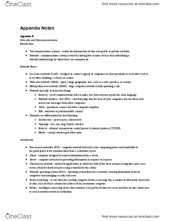 MIS 180 Chapter Notes - Chapter Appendix B: Local Area Network, Wide Area Network, Metropolitan Area Network thumbnail