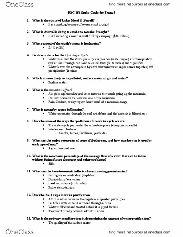 HSC 156 Lecture Notes - Lecture 3: Water Cycle, Bisphenol A, Trophic State Index thumbnail