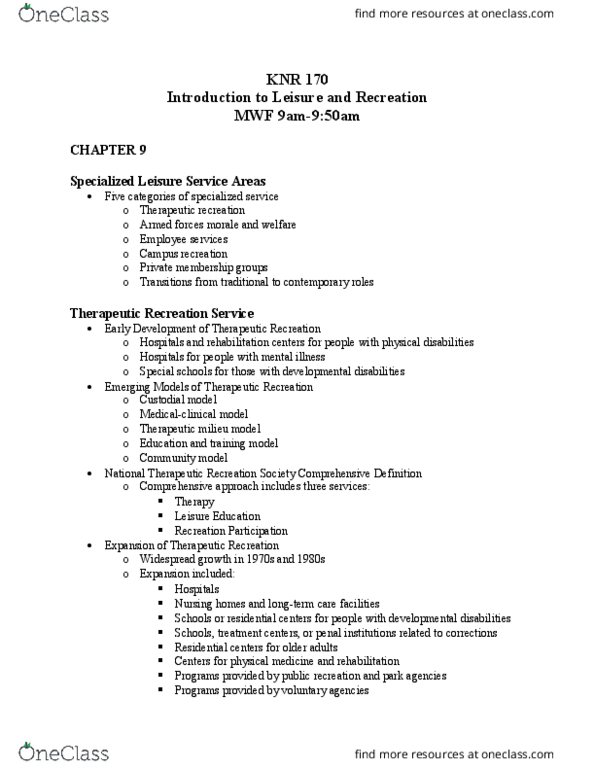 KNR 170 Lecture Notes - Lecture 3: Outdoor Recreation, Professional Certification, Intellectual Disability thumbnail