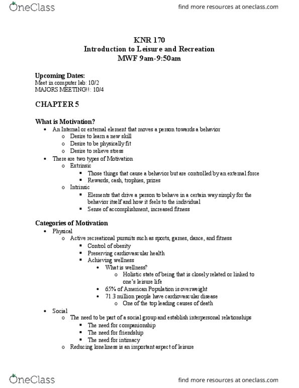 KNR 170 Lecture Notes - Lecture 2: Outdoor Recreation, Baby Boomers, Cardiovascular Disease thumbnail
