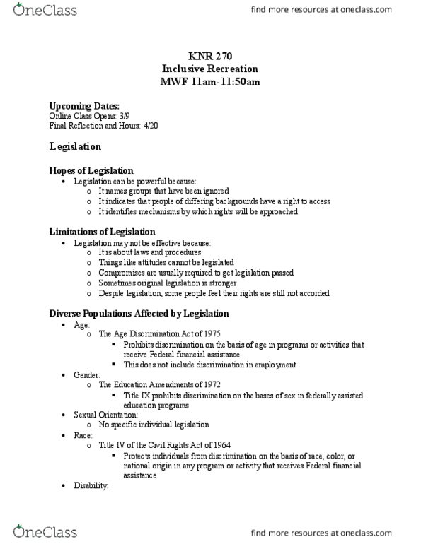KNR 270 Lecture Notes - Lecture 7: Rehabilitation Act Of 1973, Section 508 Amendment To The Rehabilitation Act Of 1973, Equal Opportunity thumbnail