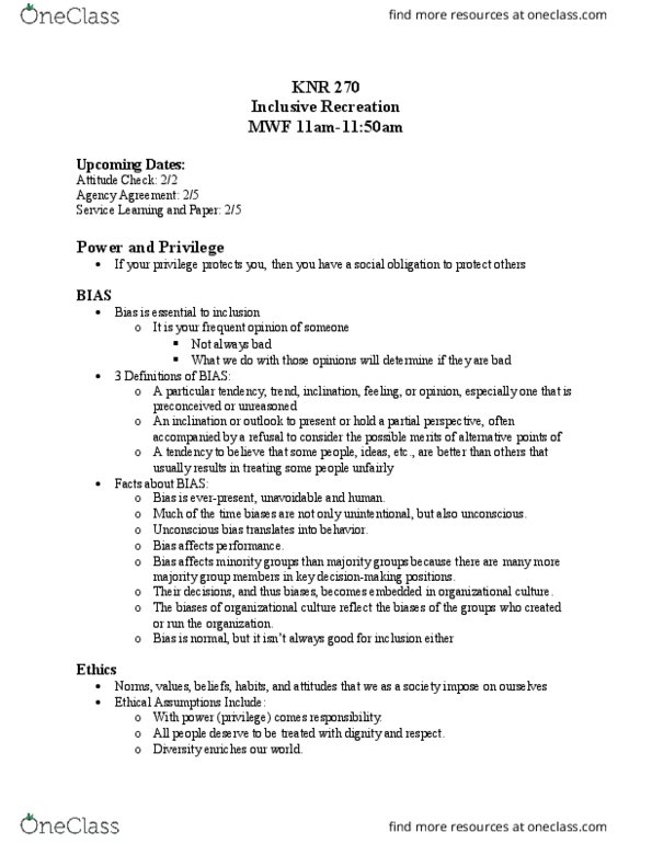 KNR 270 Lecture Notes - Lecture 1: Jane Addams, Heterosexism, Cognitive Bias thumbnail