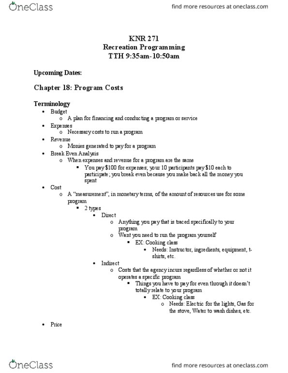 KNR 271 Lecture Notes - Lecture 11: Indirect Costs, Fixed Cost thumbnail