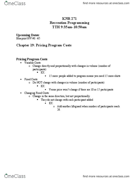 KNR 271 Lecture Notes - Lecture 12: Fixed Cost thumbnail
