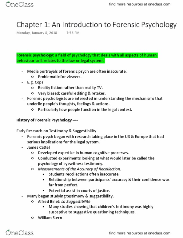 PSYCH 3CC3 Chapter Notes - Chapter 1: Forensic Psychology, Psychology Today, Suggestibility thumbnail